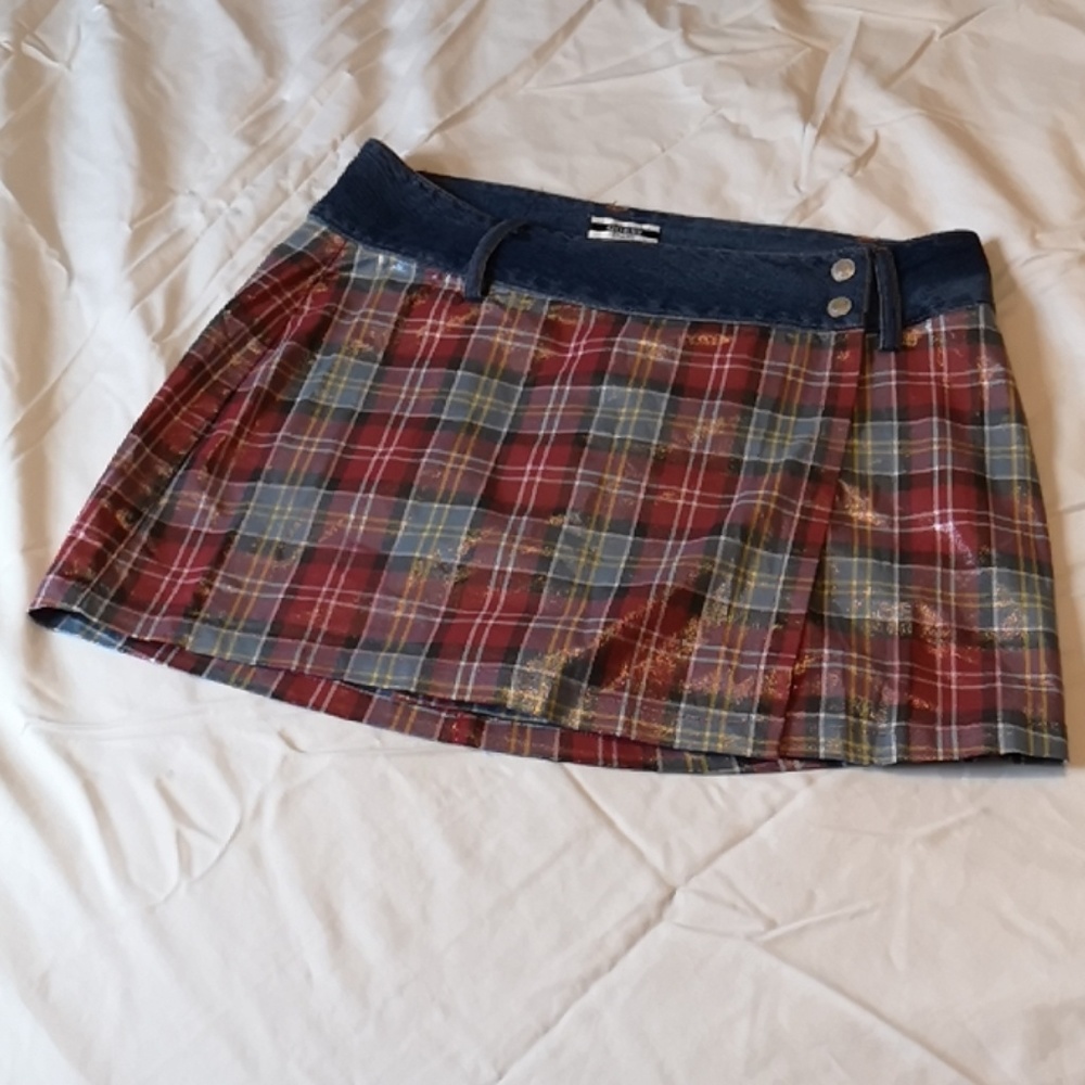 Shiny Red Plaid and Jean Wrap Skirt by Guess